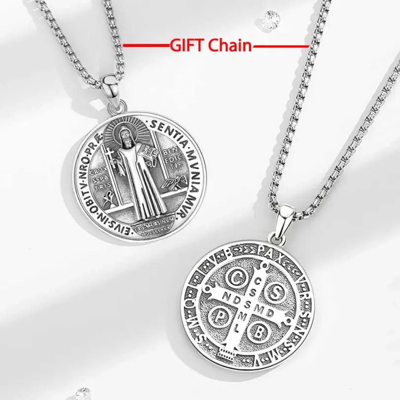 Original Plata de Ley 925 collar con medalla de San Benito Cruz amuleto colgante joyería religiosa regalo para hombre 5