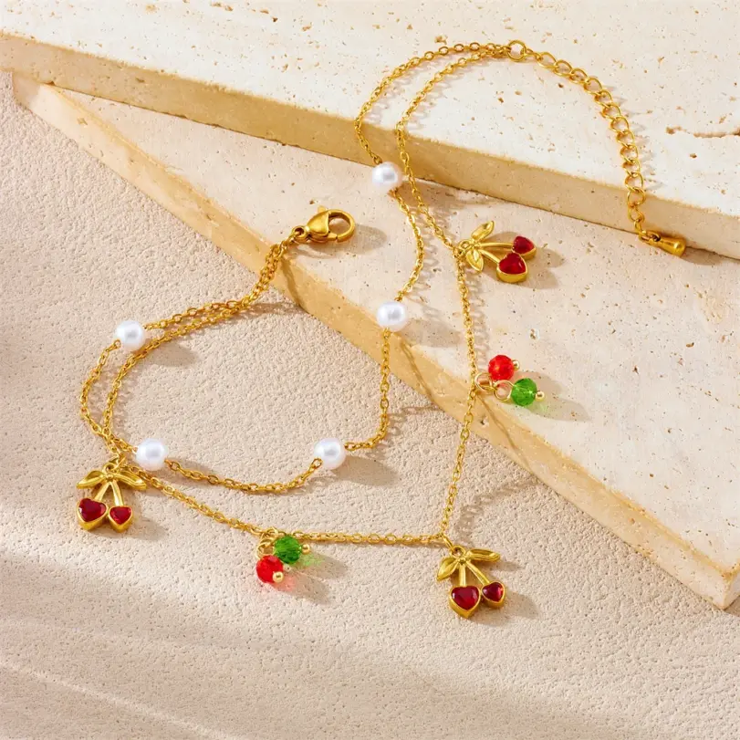 Tobillera de perlas de cereza de doble capa de acero inoxidable 316L para mujer, cadena de color dorado a la moda, joyería estética de playa de verano 5
