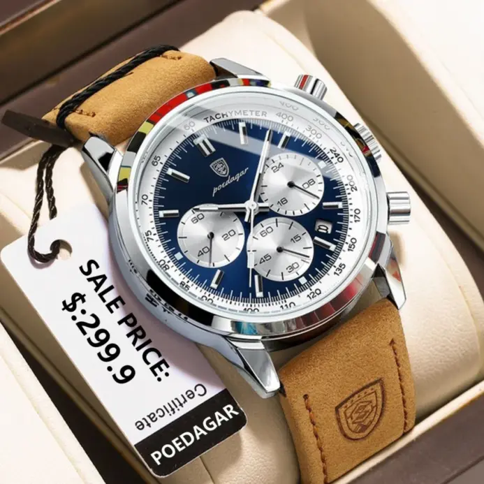 Reloj de pulsera POEDAGAR para hombre, reloj deportivo de lujo de cuero genuino para hombre, reloj de cuarzo para hombre, cronógrafo resistente al agua con fecha luminosa, relojes para hombre 1