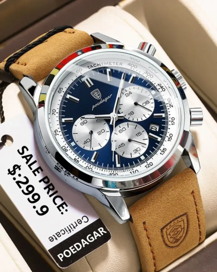 Reloj de pulsera POEDAGAR para hombre, reloj deportivo de lujo de cuero genuino para hombre, reloj de cuarzo para hombre, cronógrafo resistente al agua con fecha luminosa, relojes para hombre 1