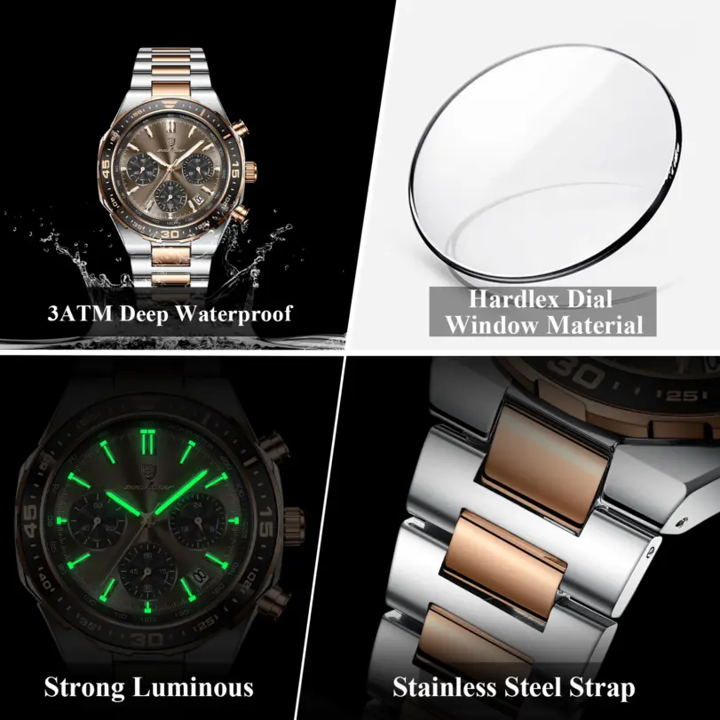 Reloj deportivo de lujo POEDAGAR para hombre, de acero inoxidable, cuarzo, resistente al agua, luminoso, con fecha, cronógrafo, reloj de pulsera para hombre + caja 4