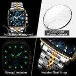 Reloj POEDAGAR a la moda para hombre, Reloj de pulsera luminoso resistente al agua con cronógrafo y fecha para hombre, Reloj cuadrado de cuarzo de acero inoxidable para hombre 4