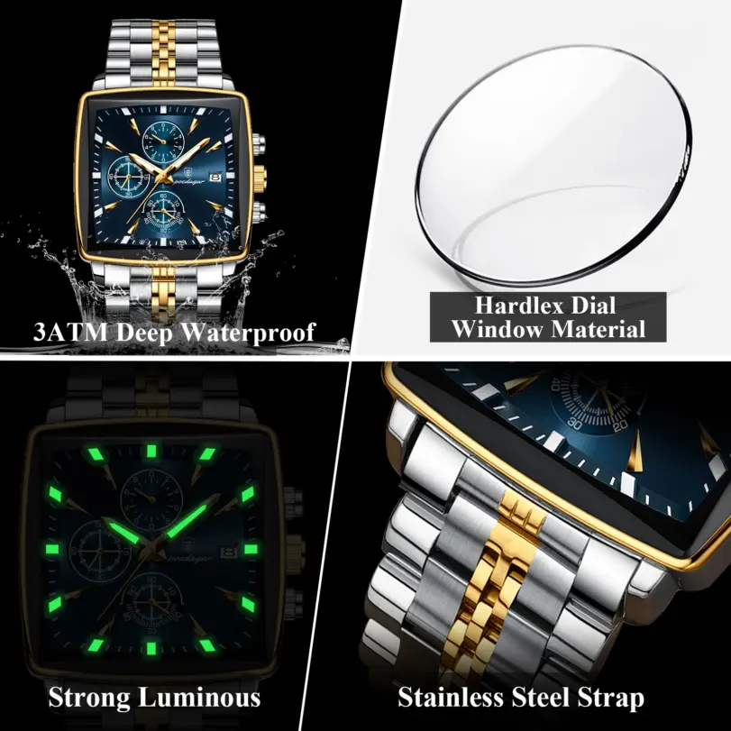 Reloj POEDAGAR a la moda para hombre, Reloj de pulsera luminoso resistente al agua con cronógrafo y fecha para hombre, Reloj cuadrado de cuarzo de acero inoxidable para hombre 4