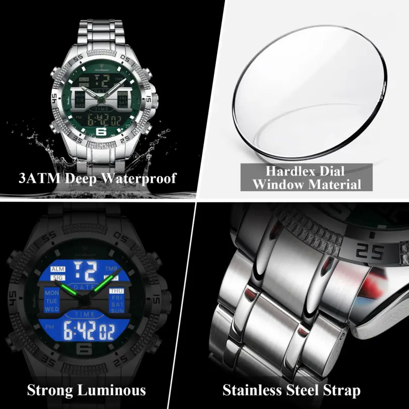 Reloj POEDAGAR LED de lujo para hombre, reloj deportivo con pantalla de doble horario, reloj de pulsera Digital luminoso con fecha semanal para hombre, relojes electrónicos de cuarzo para hombre 4