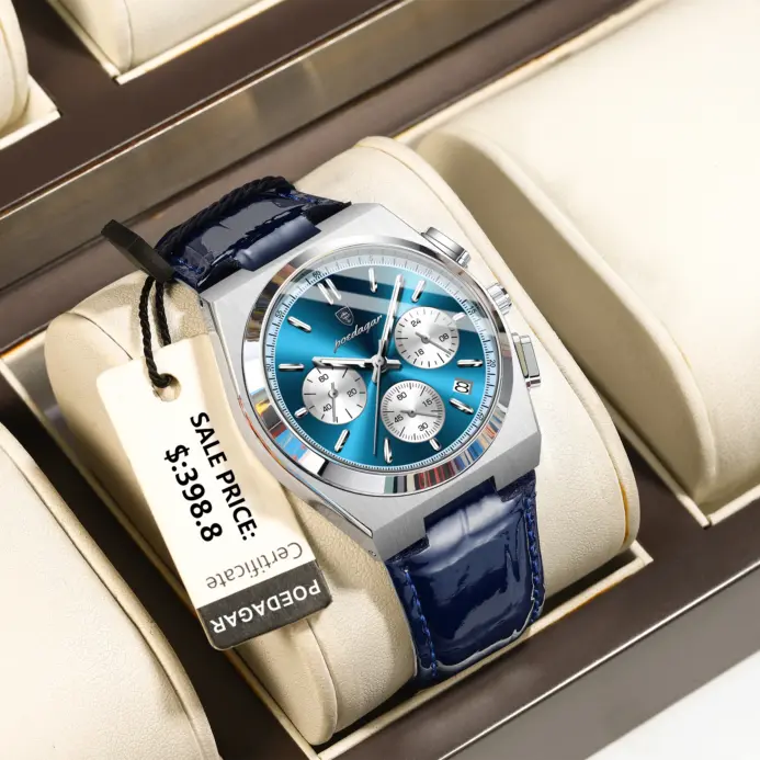 Reloj POEDAGAR de lujo para hombre, Reloj deportivo de cuero militar para hombre, cronógrafo luminoso resistente al agua con fecha, relojes de cuarzo para hombre 2