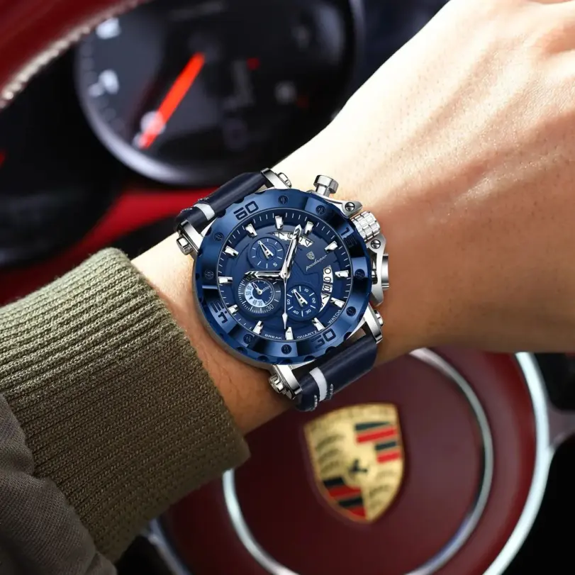 Reloj POEDAGAR de alta calidad para hombre, resistente al agua, fecha luminosa, reloj de moda para hombre, cronógrafo de cuero, relojes de cuarzo para hombre + caja 5
