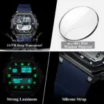 Reloj deportivo LED POEDAGAR para hombre, pantalla de doble horario, reloj Digital de semana con fecha cuadrada para hombre, correa de silicona electrónica, relojes de cuarzo para hombre 4