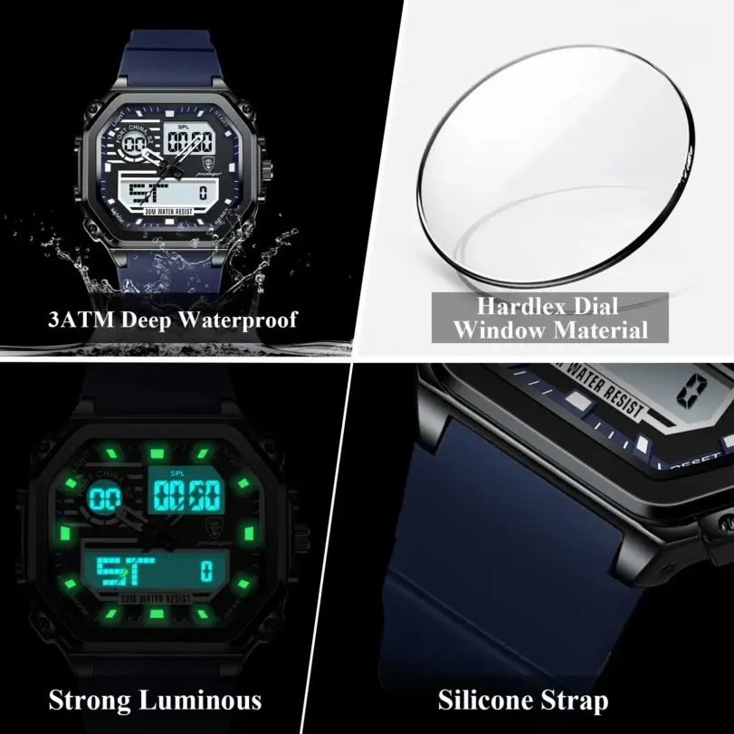 Reloj deportivo LED POEDAGAR para hombre, pantalla de doble horario, reloj Digital de semana con fecha cuadrada para hombre, correa de silicona electrónica, relojes de cuarzo para hombre 4