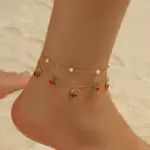 Tobillera de perlas de cereza de doble capa de acero inoxidable 316L para mujer, cadena de color dorado a la moda, joyería estética de playa de verano 3