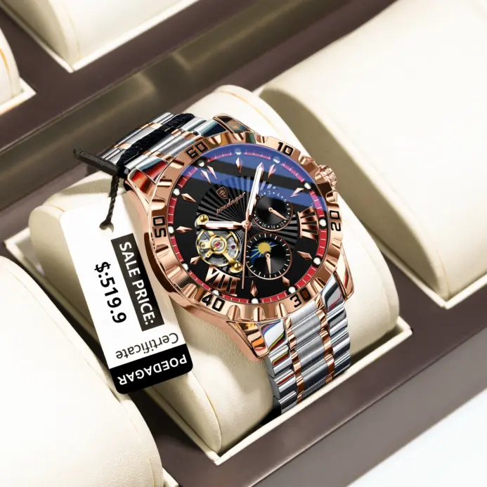 Reloj POEDAGAR de lujo para hombre, Tourbillon hueco, reloj mecánico automático para hombre, relojes luminosos impermeables de acero inoxidable para hombre + caja 1