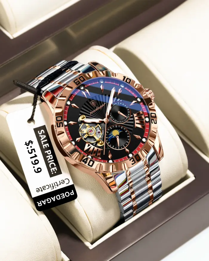 Reloj POEDAGAR de lujo para hombre, Tourbillon hueco, reloj mecánico automático para hombre, relojes luminosos impermeables de acero inoxidable para hombre + caja 1