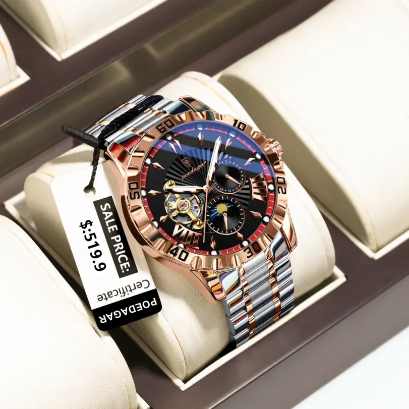Reloj POEDAGAR de lujo para hombre, Tourbillon hueco, reloj mecánico automático para hombre, relojes luminosos impermeables de acero inoxidable para hombre + caja 1