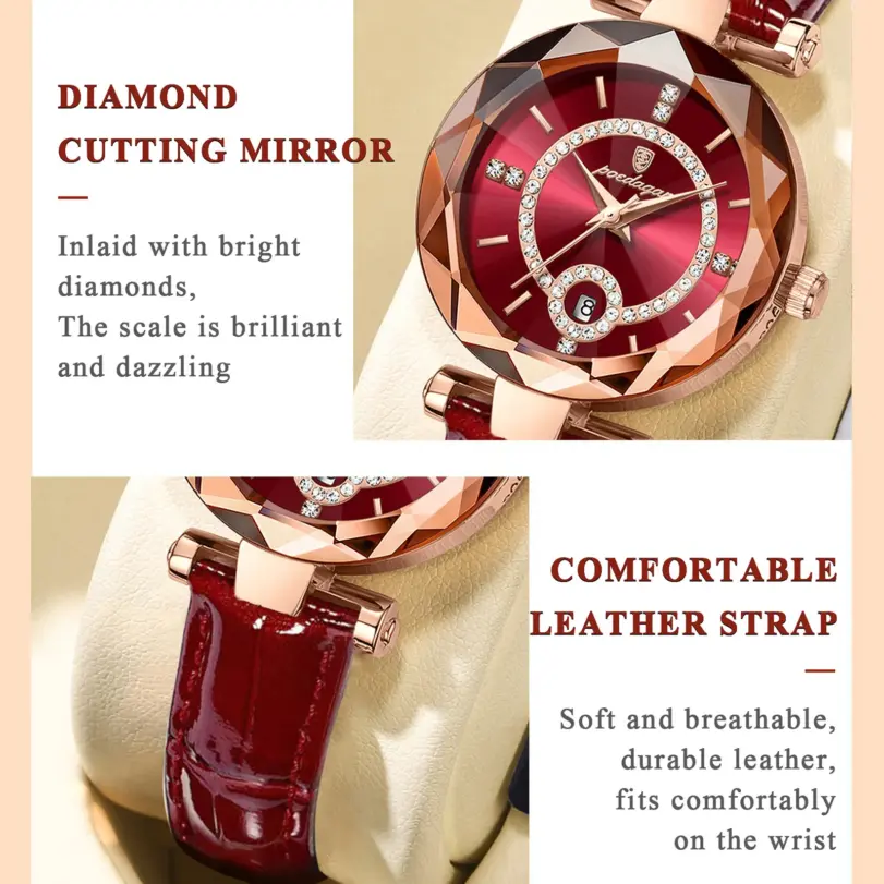 Reloj POEDAGAR de lujo para mujer, relojes de cuero con fecha resistente al agua de alta calidad para mujer, reloj informal de cuarzo para mujer + caja 4