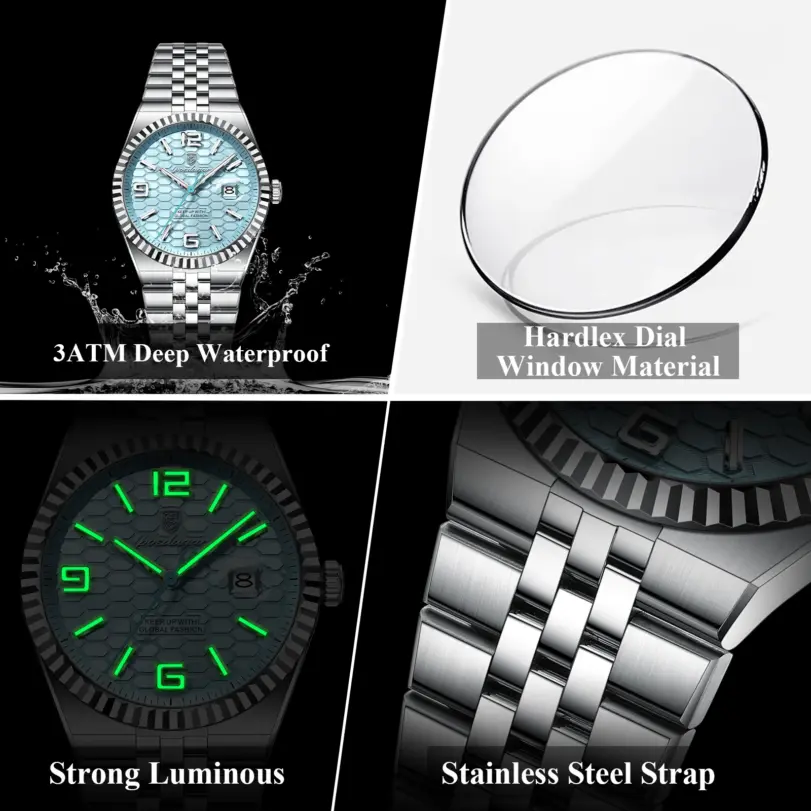 Reloj de pulsera POEDAGAR deportivo para hombre de negocios, Reloj luminoso resistente al agua de acero inoxidable para hombre, relojes de cuarzo de lujo con fecha para hombre, Reloj + caja 3