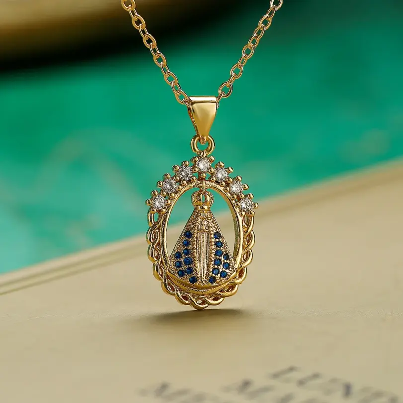 NEWBUY joyería religiosa de alta calidad para mujer, collar de cadena de acero inoxidable con incrustaciones de circonita cúbica de cobre, colgante de la Virgen María 1