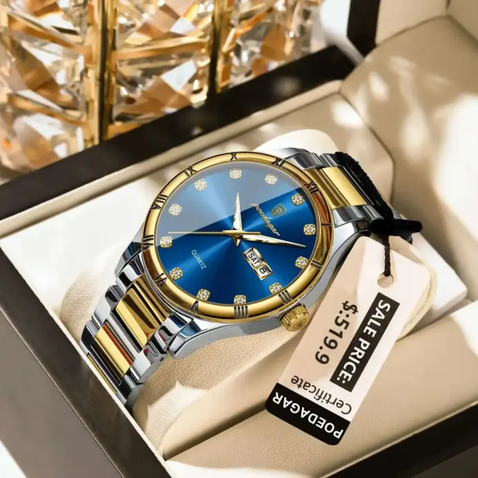 POEDAGAR, Reloj de lujo superior para hombre con fecha y semana, Reloj de pulsera luminoso resistente al agua para hombre, relojes de cuarzo de acero inoxidable para hombre, Reloj deportivo 2
