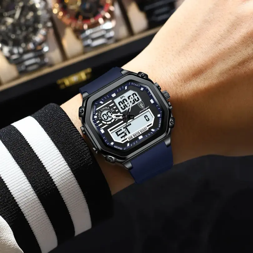 Reloj deportivo LED POEDAGAR para hombre, pantalla de doble horario, reloj Digital de semana con fecha cuadrada para hombre, correa de silicona electrónica, relojes de cuarzo para hombre 5