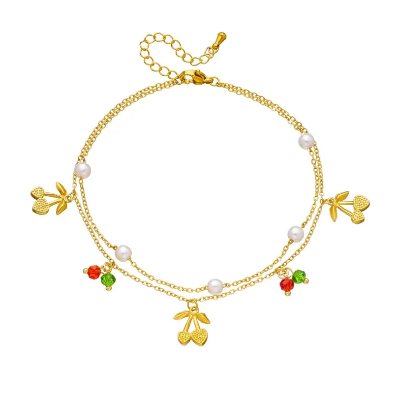 Tobillera de perlas de cereza de doble capa de acero inoxidable 316L para mujer, cadena de color dorado a la moda, joyería estética de playa de verano 6