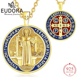 Eudora-collar de plata de ley 925 con cruz de oro de 18 quilates, colgante esmaltado de San Benito, amuleto católico, joyería para hombres y mujeres 1