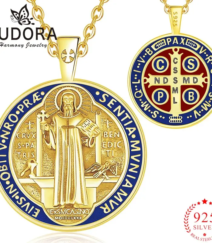 Eudora-collar de plata de ley 925 con cruz de oro de 18 quilates, colgante esmaltado de San Benito, amuleto católico, joyería para hombres y mujeres 1