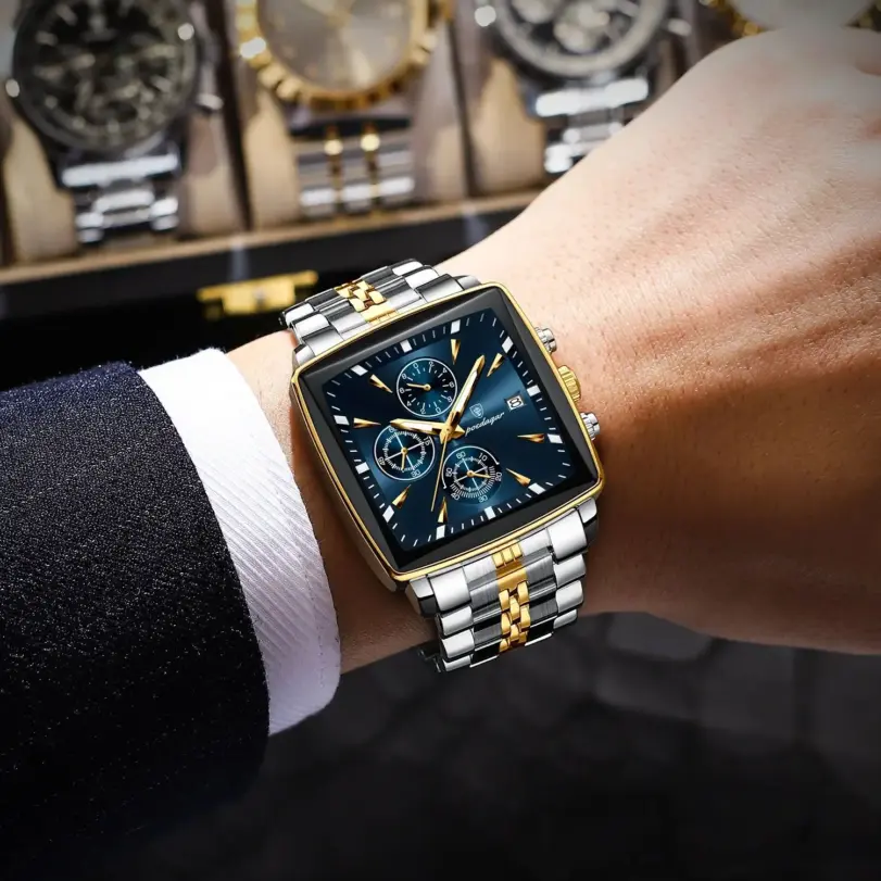 Reloj POEDAGAR a la moda para hombre, Reloj de pulsera luminoso resistente al agua con cronógrafo y fecha para hombre, Reloj cuadrado de cuarzo de acero inoxidable para hombre 5