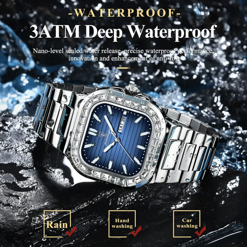 POEDAGAR, reloj cuadrado de lujo para hombre, resistente al agua, luminoso, con fecha, semana, reloj para hombre, relojes de cuarzo informales de acero inoxidable a la moda para hombre 3