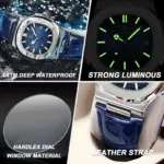 POEDAGAR-reloj cuadrado de lujo para hombre, pulsera de cuarzo resistente al agua con fecha, luminoso, de cuero de alta calidad + caja 3