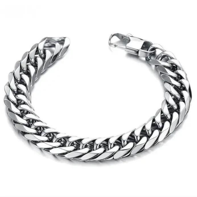 HNSP Pulsera de cadena cubana LA de acero inoxidable para hombre, estilo punk hip hop, color plateado, cadena de mano de 8/10/12/14 mm de grosor 2