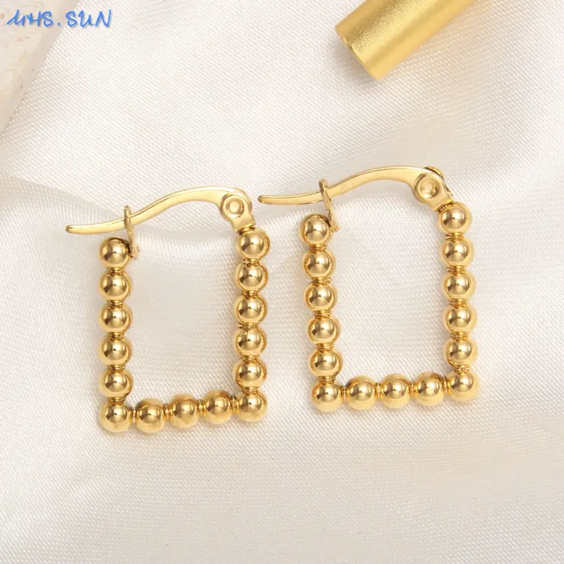 MHS.SUN pendientes de aro de acero inoxidable redondos cuadrados chapados en oro de lujo, pendientes de cuentas de bola cruzada para mujeres y niñas, joyería de boda 5