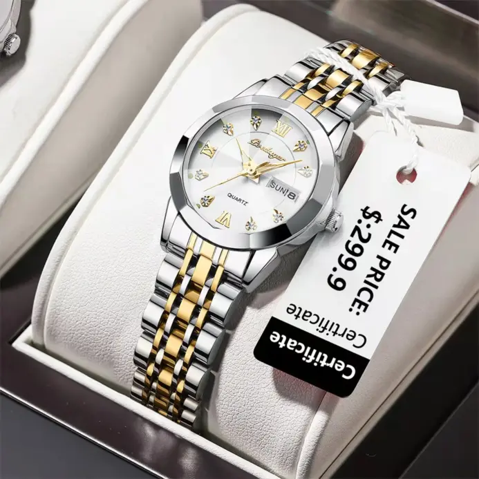 POEDAGAR, reloj de pulsera de lujo para mujer, luminoso, resistente al agua, fecha, semana, relojes de vestir para mujer, reloj de acero inoxidable para mujer, reloj de cuarzo + caja 1