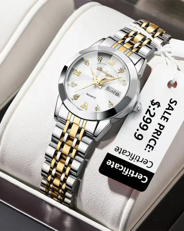 POEDAGAR, reloj de pulsera de lujo para mujer, luminoso, resistente al agua, fecha, semana, relojes de vestir para mujer, reloj de acero inoxidable para mujer, reloj de cuarzo + caja 1