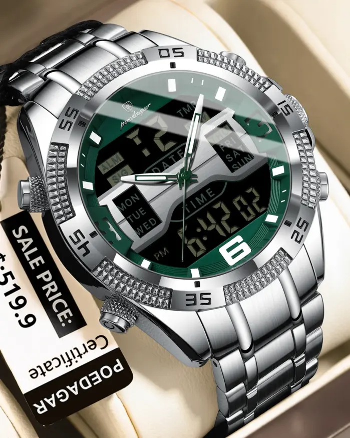 Reloj POEDAGAR LED de lujo para hombre, reloj deportivo con pantalla de doble horario, reloj de pulsera Digital luminoso con fecha semanal para hombre, relojes electrónicos de cuarzo para hombre 2