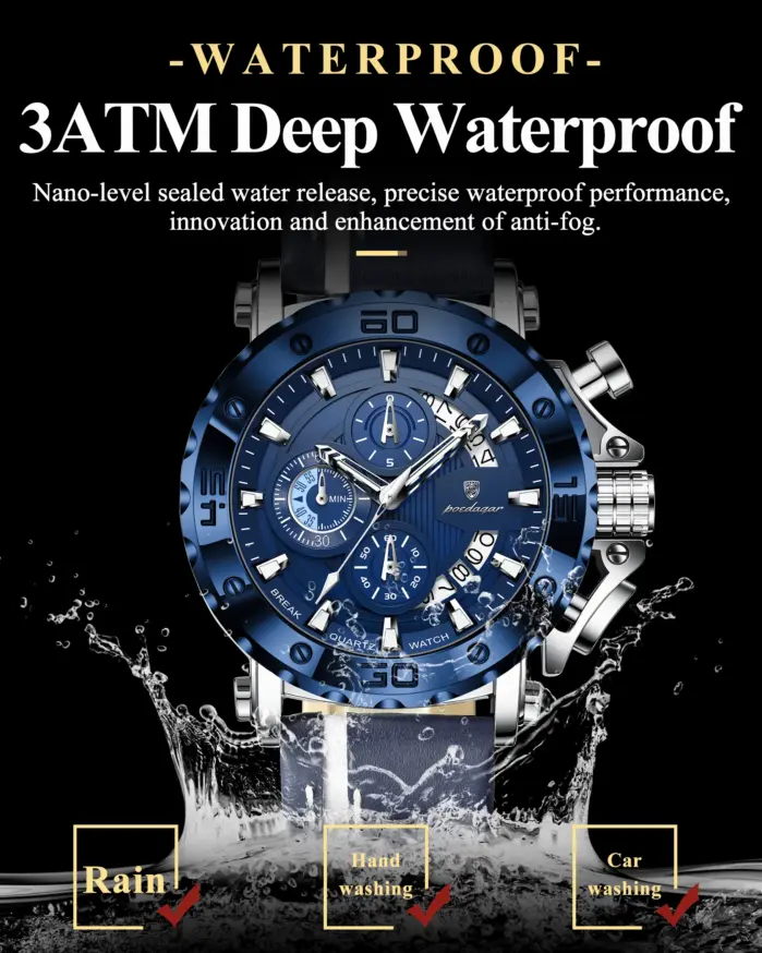 Reloj POEDAGAR de alta calidad para hombre, resistente al agua, fecha luminosa, reloj de moda para hombre, cronógrafo de cuero, relojes de cuarzo para hombre + caja 2