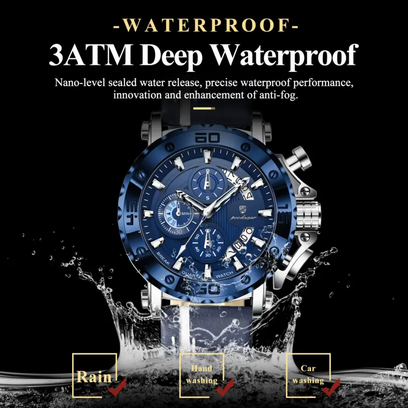 Reloj POEDAGAR de alta calidad para hombre, resistente al agua, fecha luminosa, reloj de moda para hombre, cronógrafo de cuero, relojes de cuarzo para hombre + caja 2