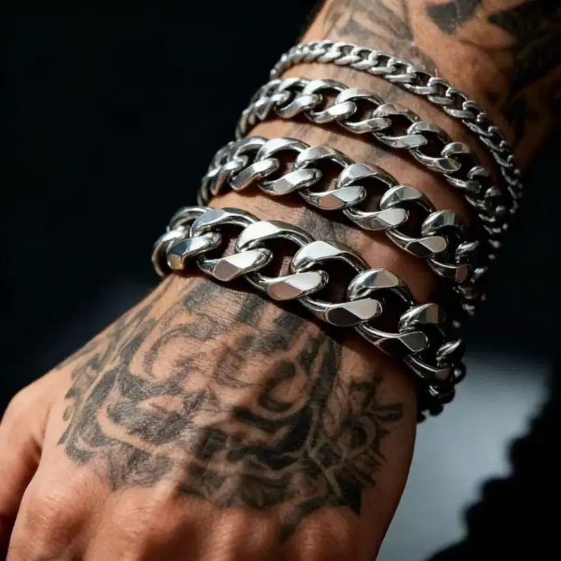 HNSP Pulsera de cadena cubana de acero inoxidable de 3 mm a 15 mm de grosor para hombre, joyería de mano, accesorio de estilo punk urbano 1