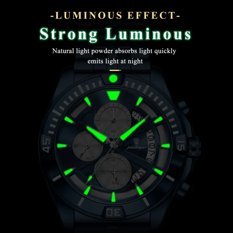 Reloj POEDAGAR Original de Moda para Hombre, Resistente al Agua, Luminoso, Cronógrafo, con Fecha, de Acero Inoxidable, de Cuarzo, para Hombre. 3