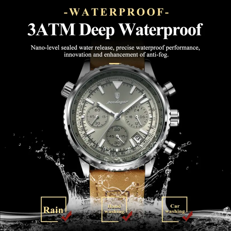 POEDAGAR, reloj de moda de alta calidad para hombre, cronógrafo, calendario luminoso resistente al agua, reloj de pulsera para hombre, relojes de cuarzo de cuero para hombre + caja 3