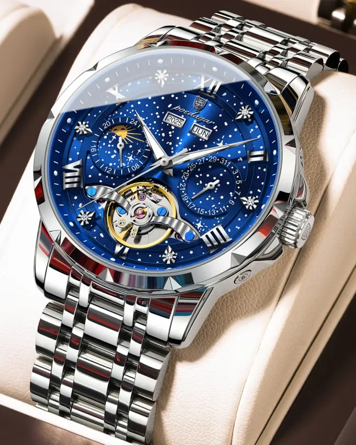 Reloj POEDAGAR Original superior para hombre, relojes mecánicos automáticos de acero inoxidable para hombre, calendario Tourbillon hueco, reloj para hombre + caja 1