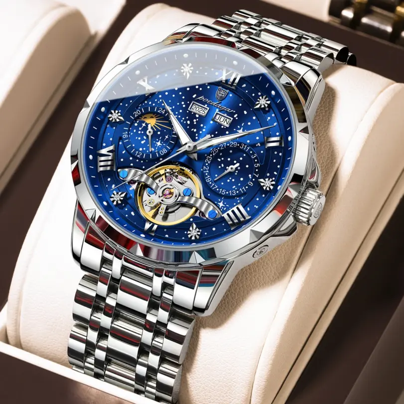 Reloj POEDAGAR Original superior para hombre, relojes mecánicos automáticos de acero inoxidable para hombre, calendario Tourbillon hueco, reloj para hombre + caja 1