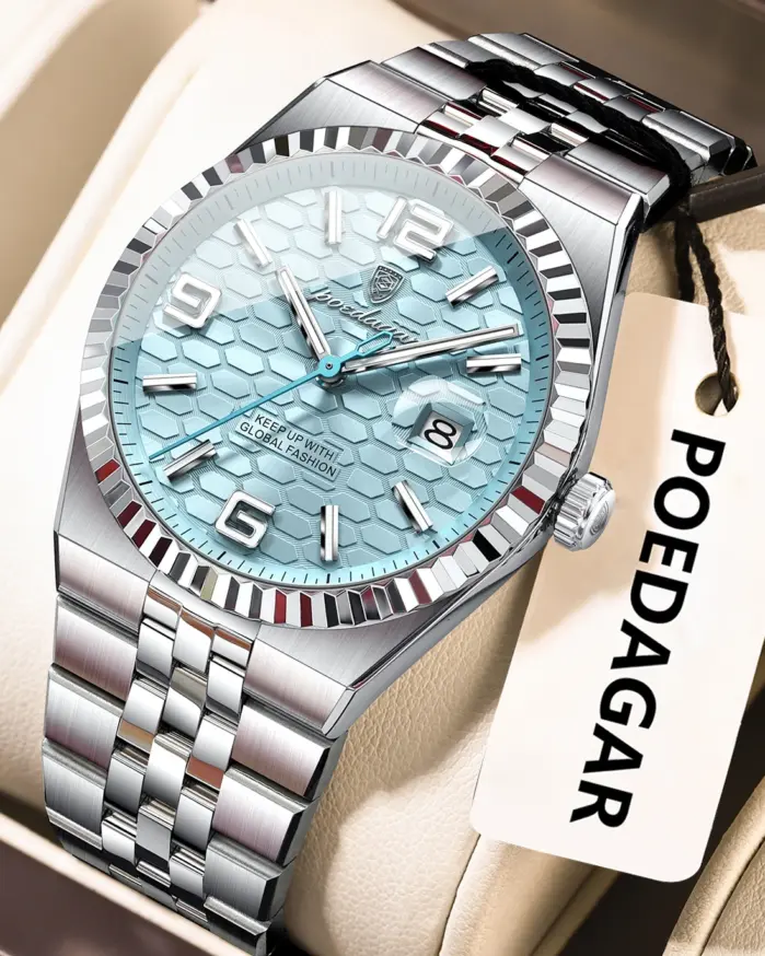 Reloj de pulsera POEDAGAR deportivo para hombre de negocios, Reloj luminoso resistente al agua de acero inoxidable para hombre, relojes de cuarzo de lujo con fecha para hombre, Reloj + caja 1