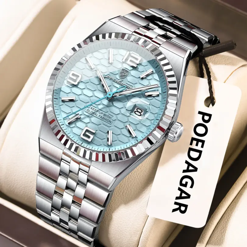 Reloj de pulsera POEDAGAR deportivo para hombre de negocios, Reloj luminoso resistente al agua de acero inoxidable para hombre, relojes de cuarzo de lujo con fecha para hombre, Reloj + caja 1