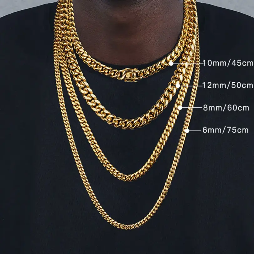 Collar de cadena de eslabones cubanos de acero inoxidable 316L, Color dorado pulido alto, Hip-Hop, 6mm/8mm/10mm/12mm, regalo para joyería de hombre 1