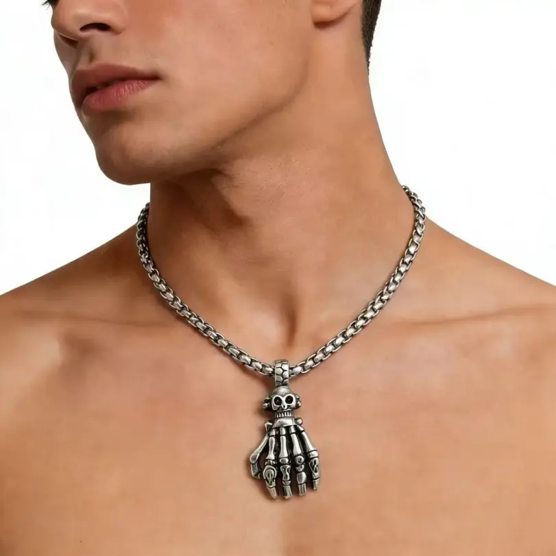 HNSP-Colgante de acero inoxidable con forma de mano de calavera, estilo Punk gótico, con cadena de 60cm, collar para hombre, accesorios de joyería 6