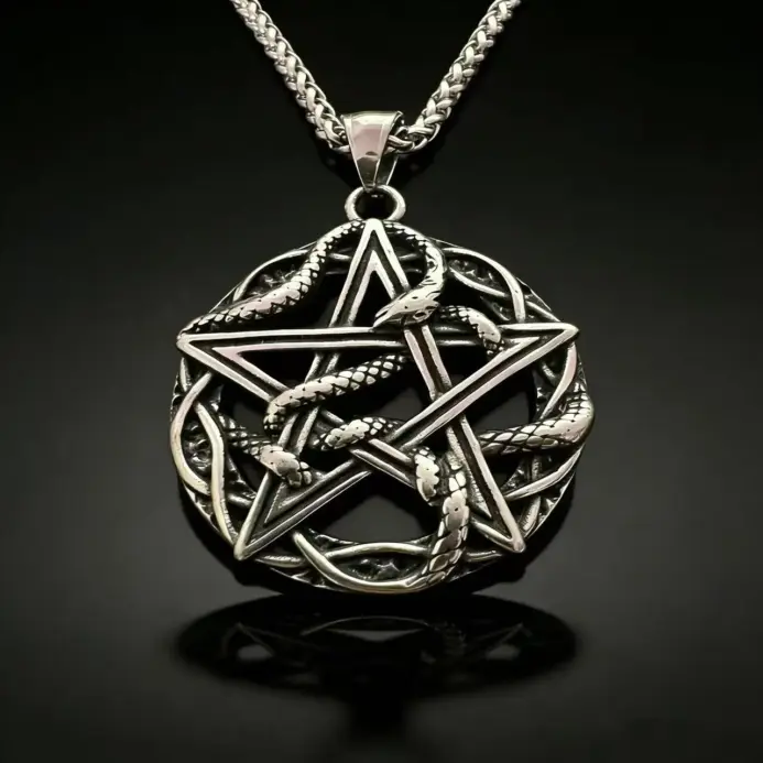 Collar con colgante de runa misteriosa entrelazada con serpiente y pentagrama de acero inoxidable HNSP 316L para hombre, accesorios de joyería gótica. 1