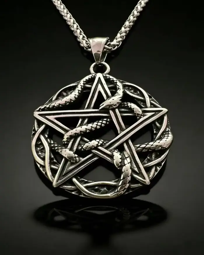 Collar con colgante de runa misteriosa entrelazada con serpiente y pentagrama de acero inoxidable HNSP 316L para hombre, accesorios de joyería gótica. 1