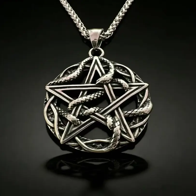 Collar con colgante de runa misteriosa entrelazada con serpiente y pentagrama de acero inoxidable HNSP 316L para hombre, accesorios de joyería gótica. 1