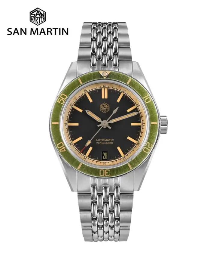 Reloj de buceo San Martin de 39,5mm para hombre, Reloj mecánico automático NH35 con efecto desgastado Vintage, resistente al agua 200m C3 Lume SN0116 Reloj 1