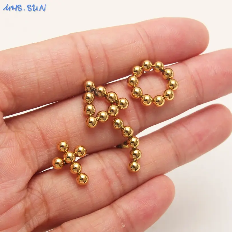 MHS.SUN pendientes de aro de acero inoxidable redondos cuadrados chapados en oro de lujo, pendientes de cuentas de bola cruzada para mujeres y niñas, joyería de boda 6