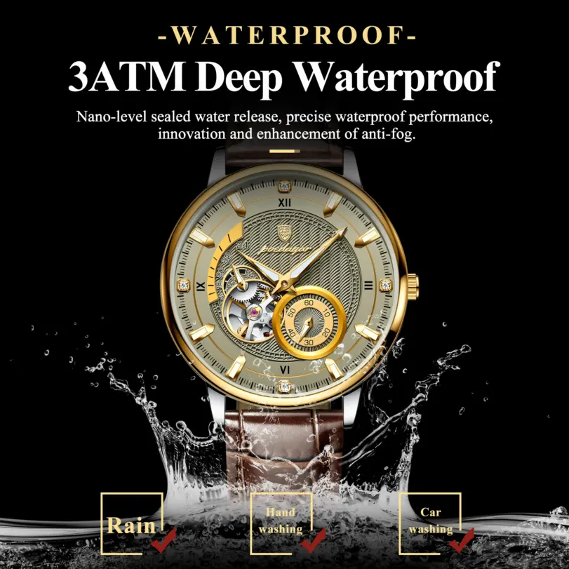 Reloj deportivo militar POEDAGAR para hombre, resistente al agua, luminoso, Tourbillon hueco, reloj para hombre, relojes mecánicos automáticos de cuero para hombre + caja 2