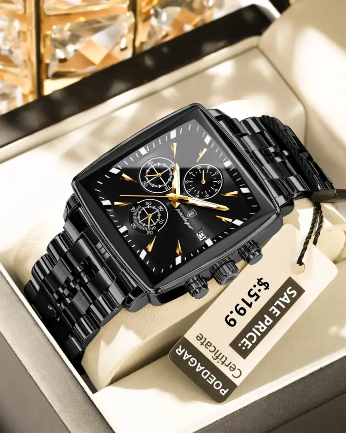 Reloj POEDAGAR de negocios para hombre, Reloj resistente al agua con calendario luminoso, cronógrafo cuadrado para hombre, relojes de cuarzo de acero inoxidable para hombre 1